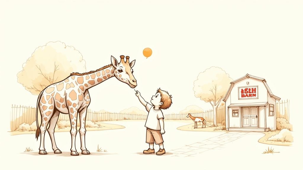 A charming cartoon of a young boy gently touching a friendly giraffe's nose at a farm.