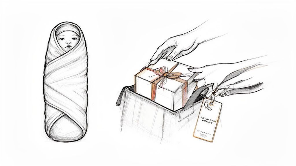 Illustration of a swaddled baby and hands placing a gift box with a tag into a bag.