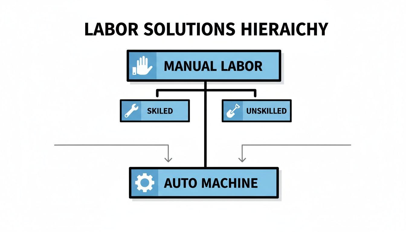 A labor solutions hierarchy diagram showing manual labor, skilled, unskilled, and auto machines.