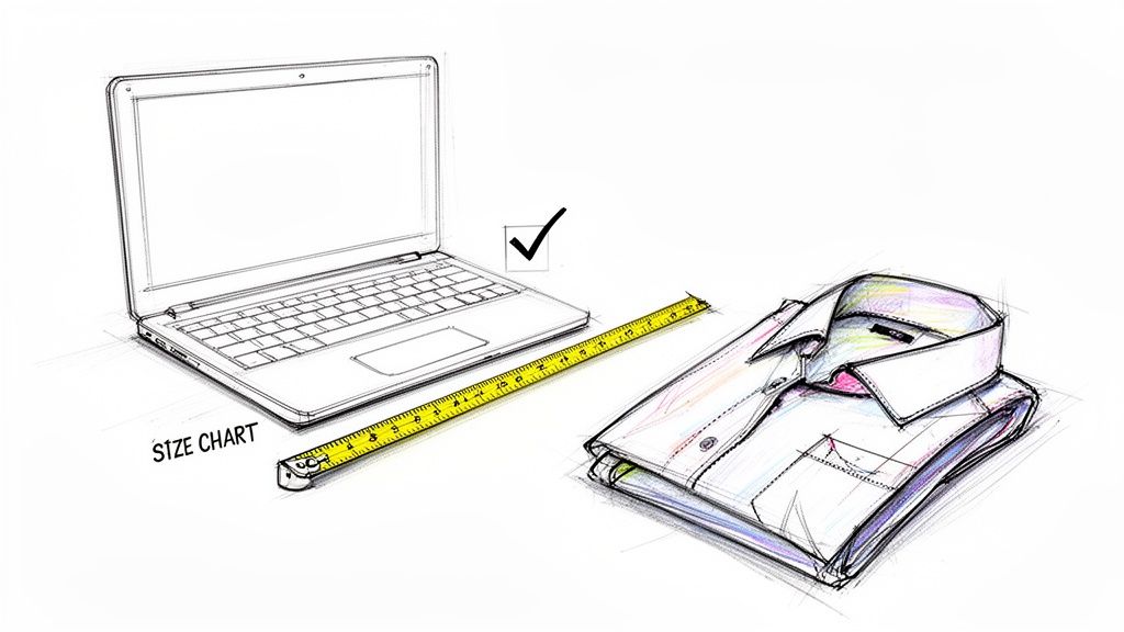 A sketch showing a laptop, measuring tape, and a folded shirt, symbolizing online clothing measurement with a size chart.