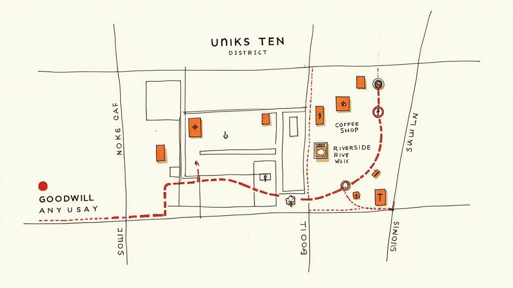 A friendly Goodwill employee smiling and handing a receipt to a customer at the checkout counter.