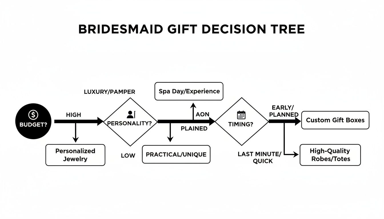 A flowchart titled "Bridesmaid Gift Decision Tree" showing gift ideas based on budget, personality, and timing.