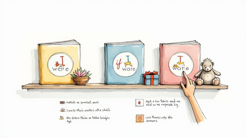 Three whimsical 'If I were' themed books on a shelf with decor and a pointing hand.