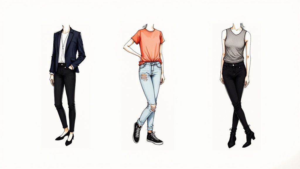 Three stylish women's casual outfit combinations featuring jeans and different tops with footwear
