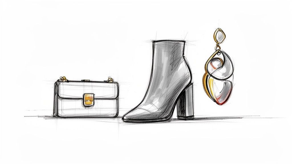 Sketches of a stylish white handbag, a gray heeled boot, and a gold and white dangle earring.