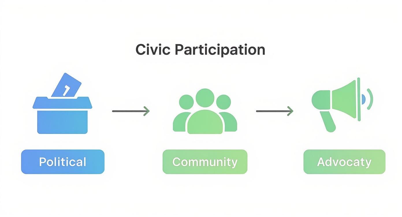 Diagram illustrating civic participation through political engagement, community involvement, and advocacy efforts.