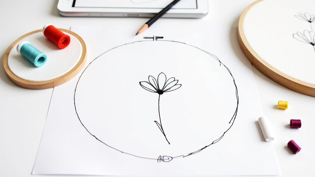 A flat lay of embroidery supplies on a white desk, showing a hand-drawn flower, hoops, and threads.
