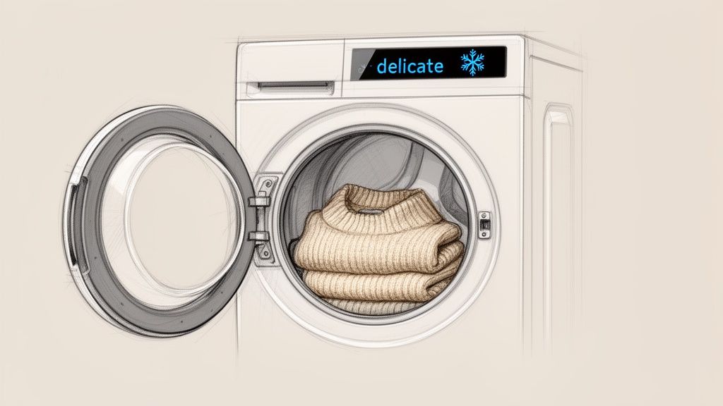 Illustration of a washing machine with folded sweaters inside, displaying 'delicate' and a snowflake icon.