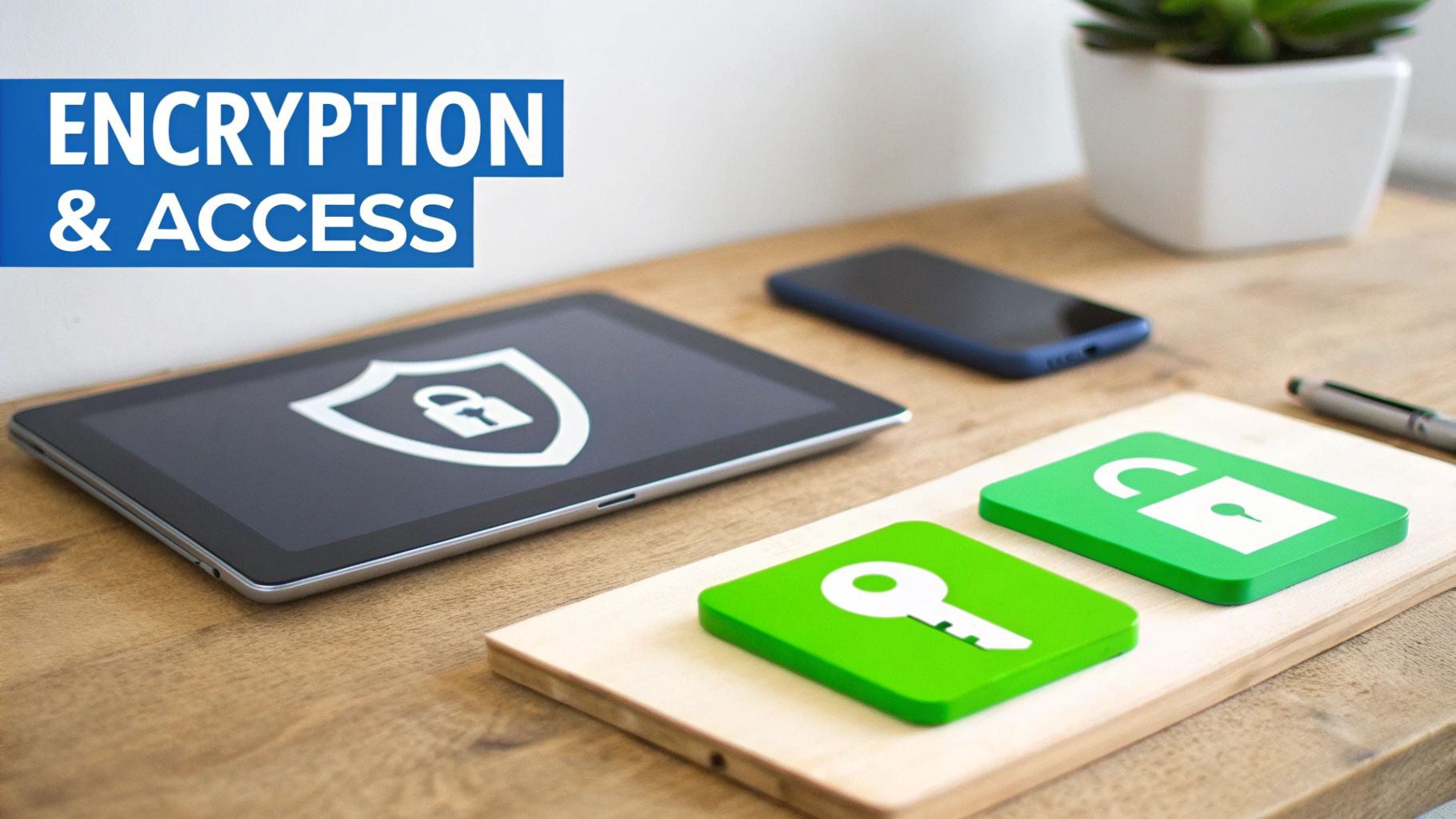 A tablet with a security shield icon, alongside green tiles showing a key and an unlocked padlock, illustrating data encryption and access.