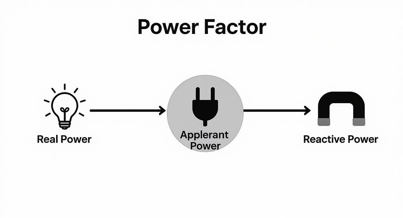 Diagram illustrating power factor, showing real power, apparent power, and reactive power with corresponding icons.