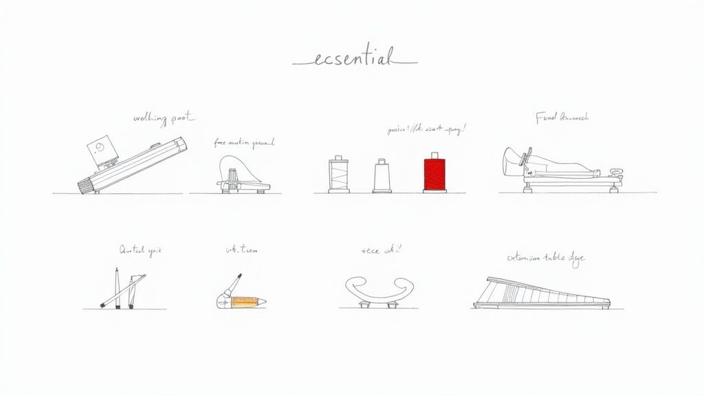 A collection of sewing machine presser feet and quilting accessories