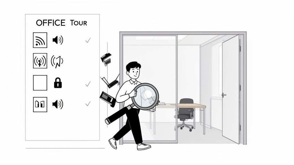 A person inspects an "OFFICE Tour" checklist with a magnifying glass, walking past a private office.
