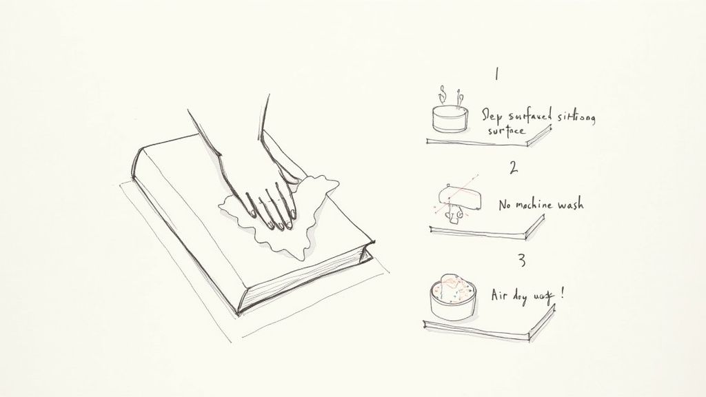 A clean Jellycat soft book with different animal tails hanging from it, placed on a soft blanket.