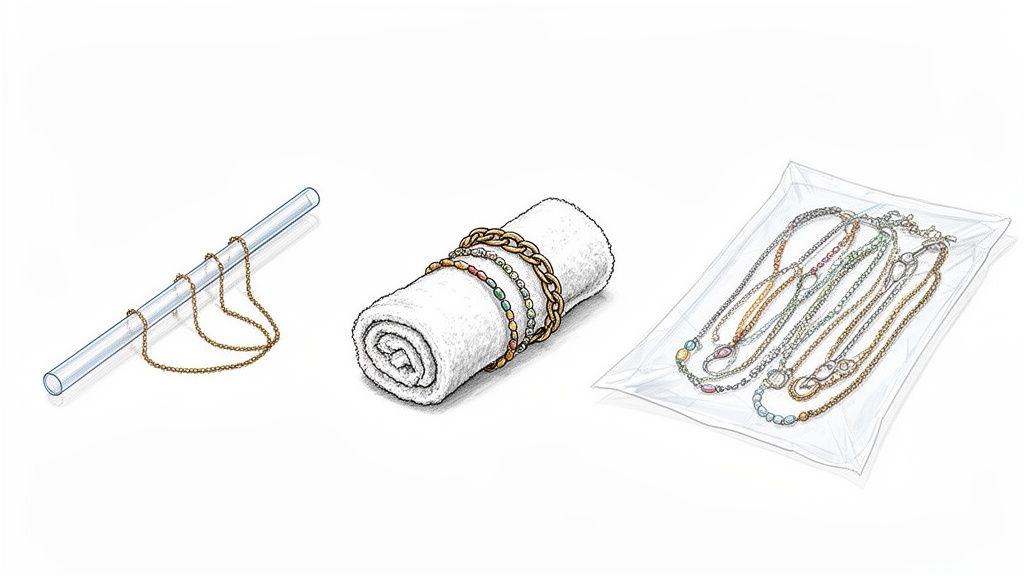 Three practical methods for packing jewelry are displayed: using a straw, a rolled towel, and a plastic bag.