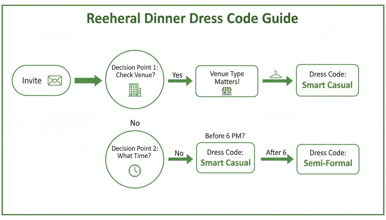 Flowchart illustrating rehearsal dinner dress code options based on venue type and event time.