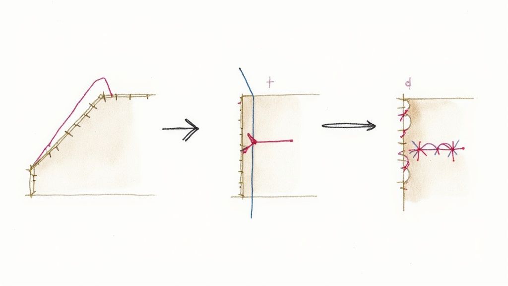 Diagram showing blanket stitch technique progression from curved edge to straight corner application