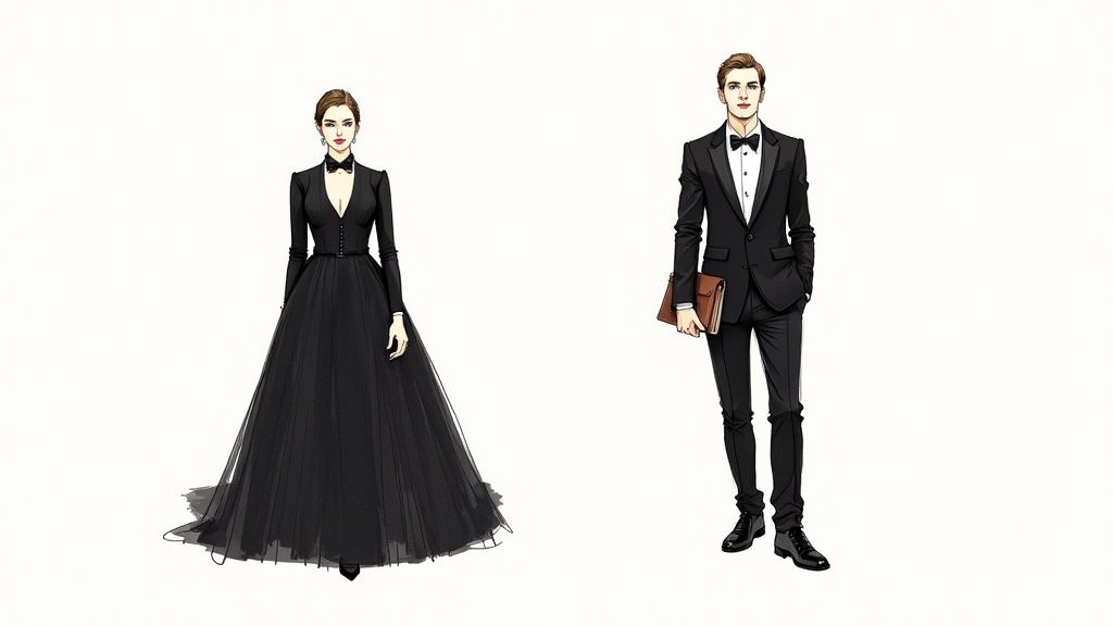 A formally dressed couple, a woman in a black gown and a man in a black tuxedo, ready for a formal event.