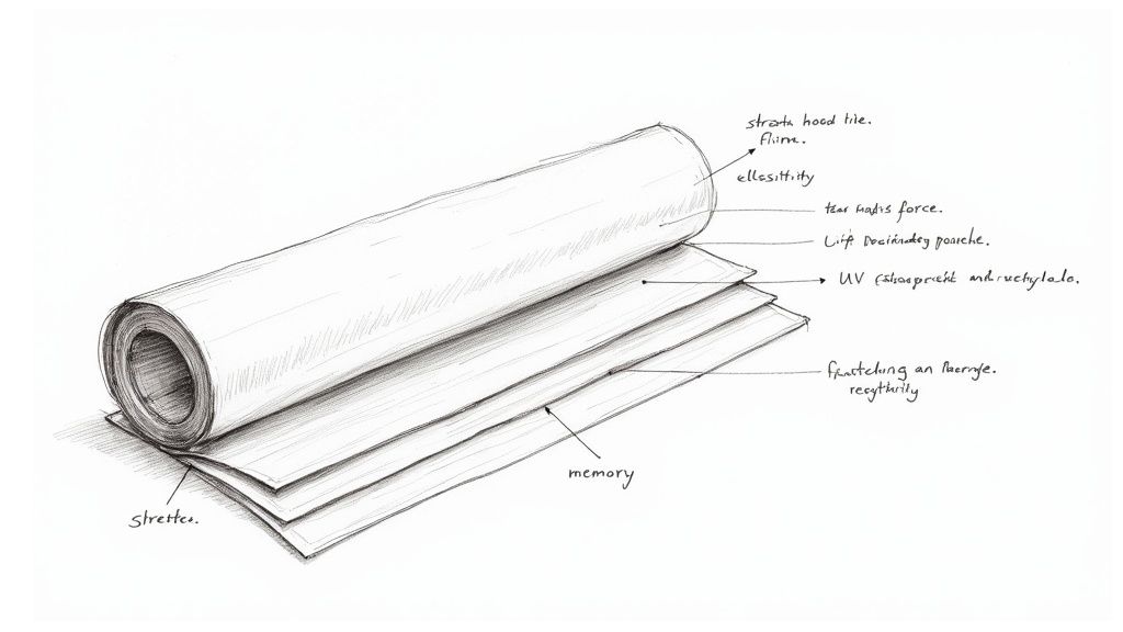 A detailed technical sketch showing a rolled multi-layered material with various annotated properties.