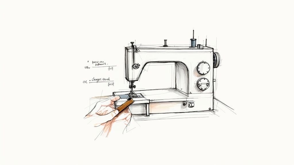 A person carefully cleaning the bobbin area of a Singer One Plus sewing machine with a small brush.