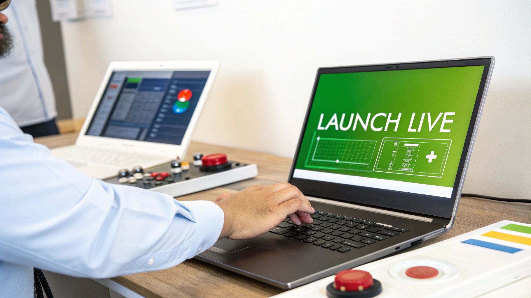 A person typing on a laptop with 'LAUNCH LIVE' on the screen, next to other tech equipment.