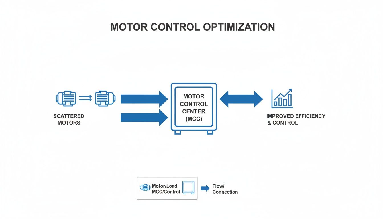 Flowchart illustrating a Motor Control Center (MCC) centralizing scattered motors for improved efficiency and control.
