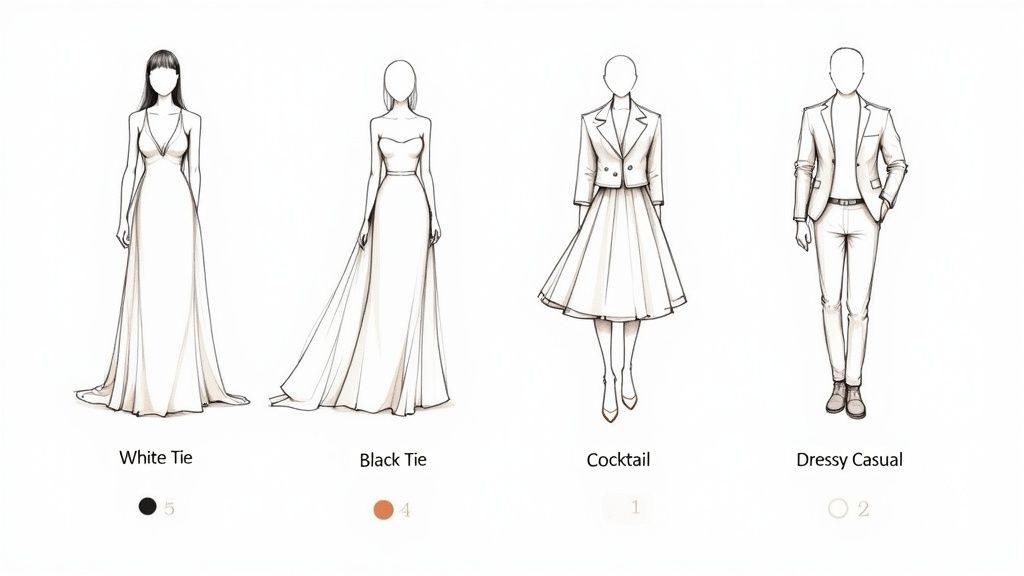 Four fashion illustrations illustrating White Tie, Black Tie, Cocktail, and Dressy Casual attire options.