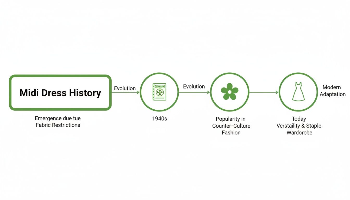 A timeline illustrating the history and evolution of the midi dress from fabric restrictions to a modern wardrobe staple.