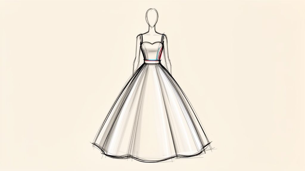 A fashion sketch of a white fit-and-flare dress with thin straps and a colorful waistline.