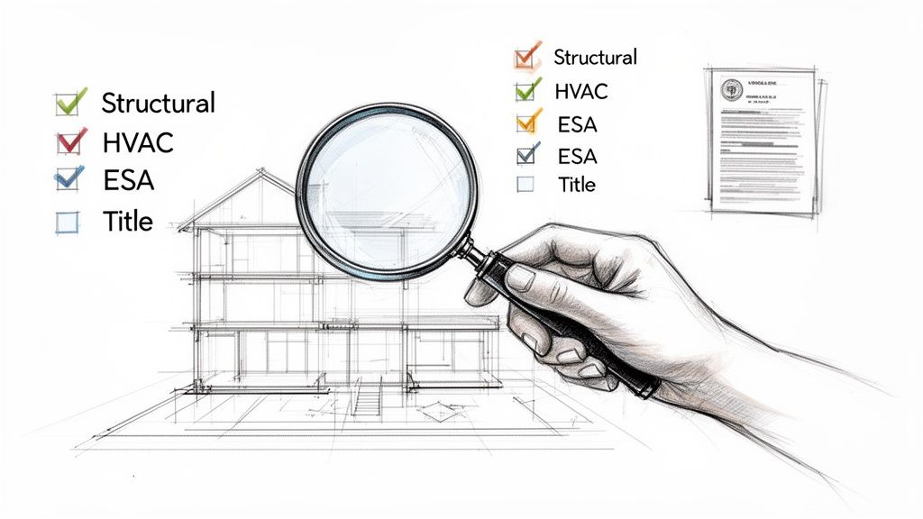 Illustration of a hand holding a magnifying glass over building blueprints with checklists and documents, for property evaluation.