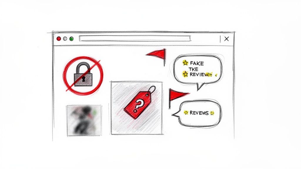 Sketch of a browser window showing online shopping concerns: fake reviews, security warning, and unclear product information.