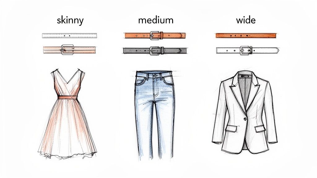 Illustration of skinny, medium, and wide belts with a dress, jeans, and blazer.
