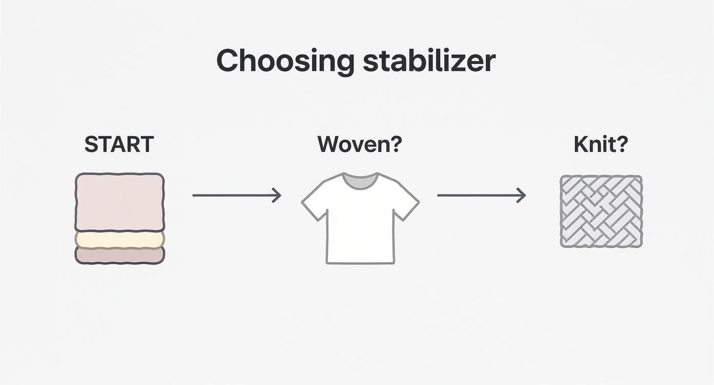 A diagram illustrating how to choose embroidery stabilizer based on fabric type, showing woven and knit options.