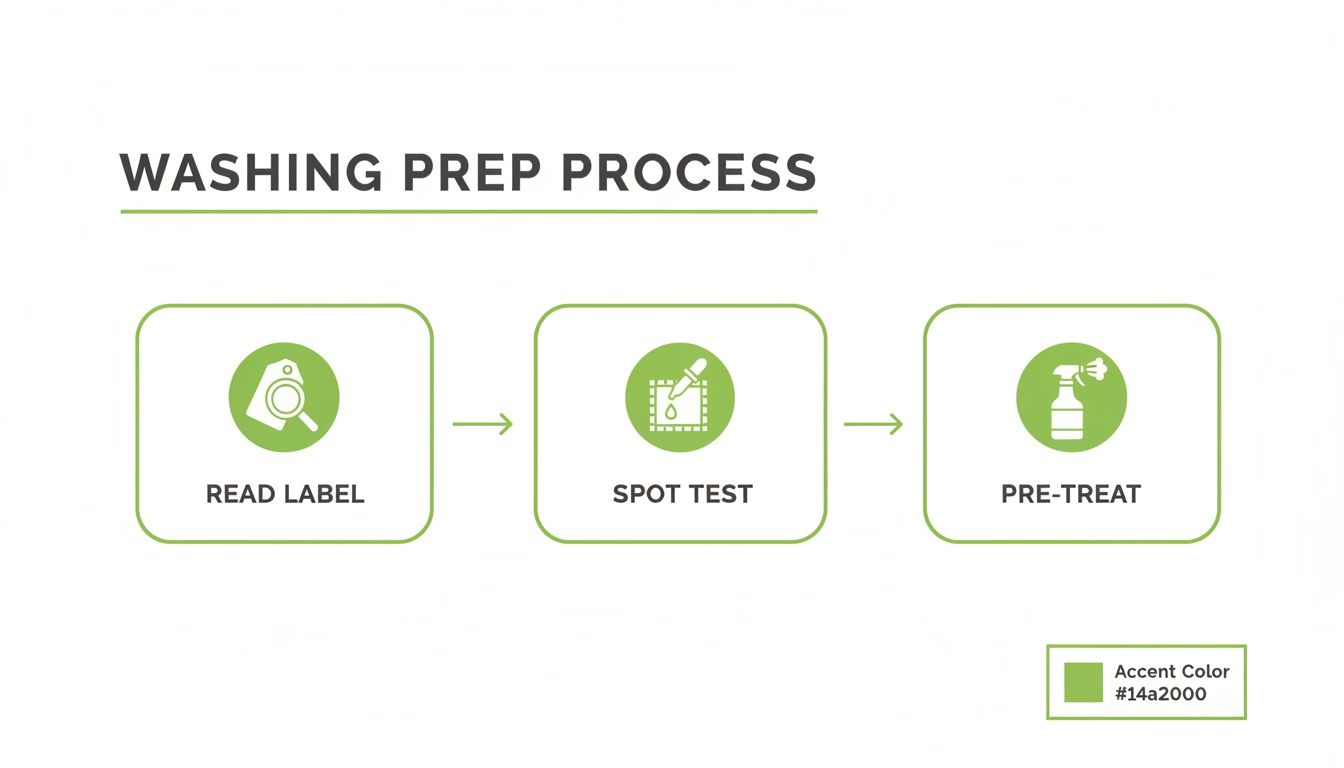 A green diagram outlining the washing prep process steps: read label, spot test, and pre-treat.