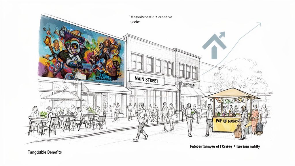 A vibrant street scene illustrating creative placemaking with a colorful mural, outdoor cafe, shops, and a pop-up market.