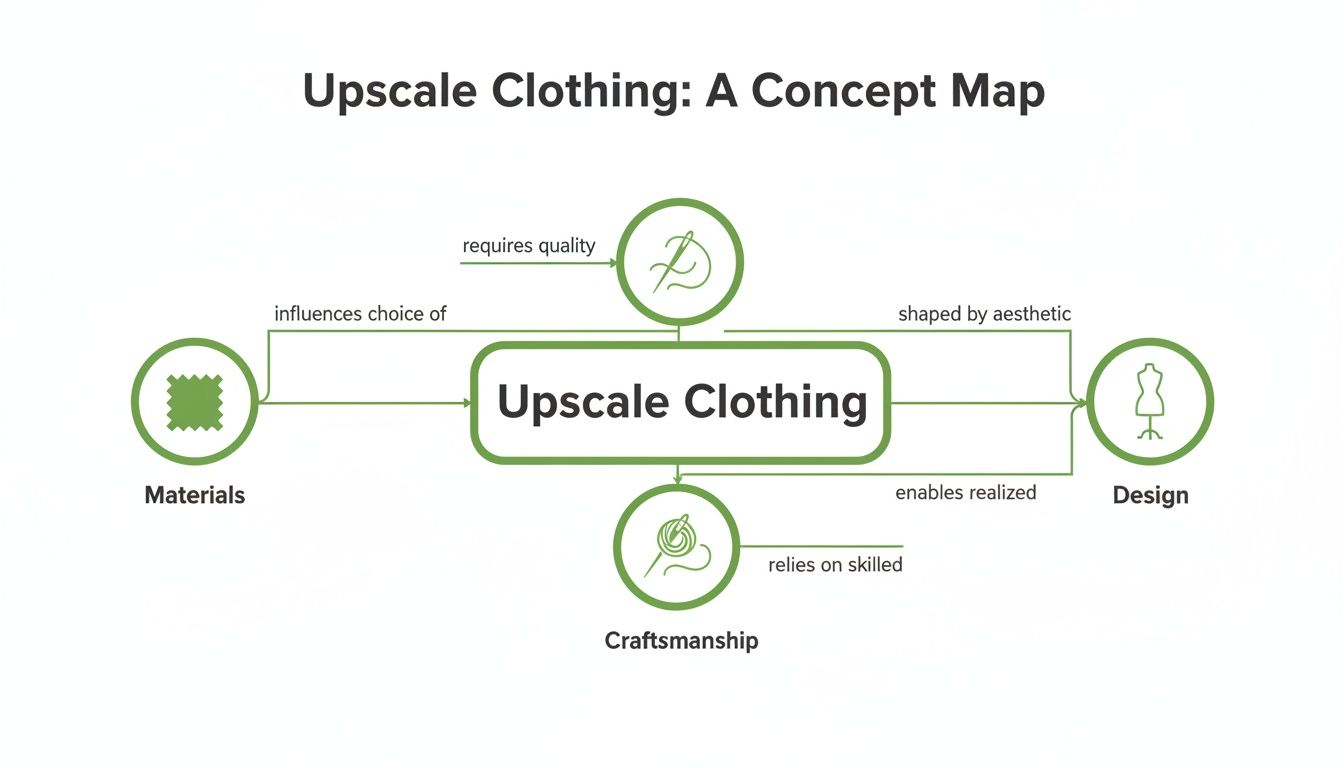 A concept map illustrating upscale clothing, its reliance on quality materials, skilled craftsmanship, and design aesthetics.