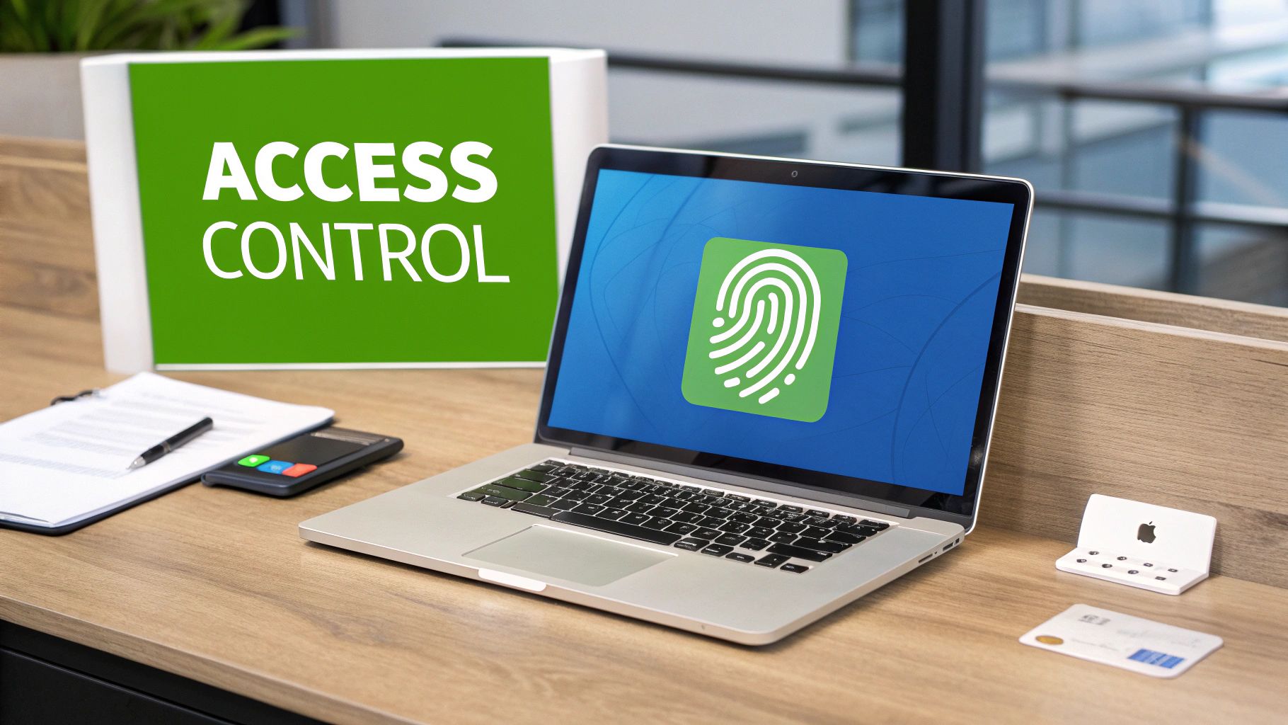 A laptop showing a fingerprint icon next to an 'ACCESS CONTROL' sign on a wooden desk, emphasizing security.