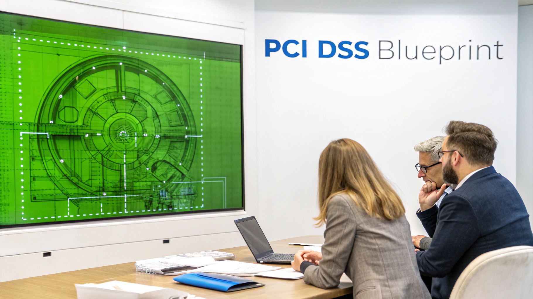 Three professionals in a meeting room discussing a large screen displaying a green blueprint diagram.