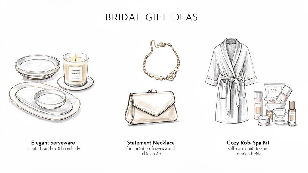Three illustrations of bridal gift ideas: elegant serveware, a statement necklace, and a cozy spa kit.