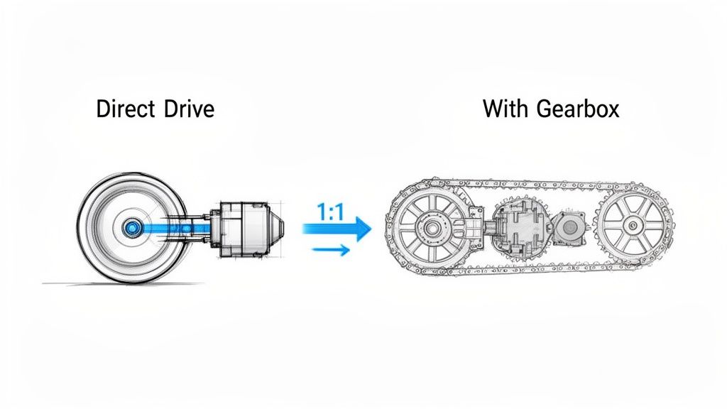 Diagram illustrates direct drive motor connected to a wheel versus motor with gearbox powering a tracked system.