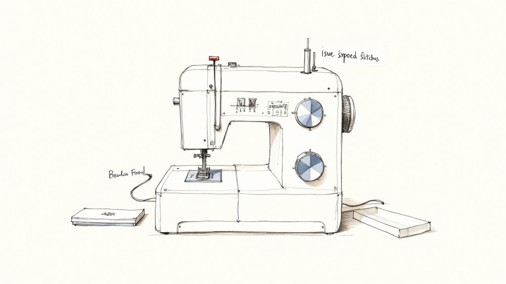 A well-organized sewing station with a machine ready for transport.