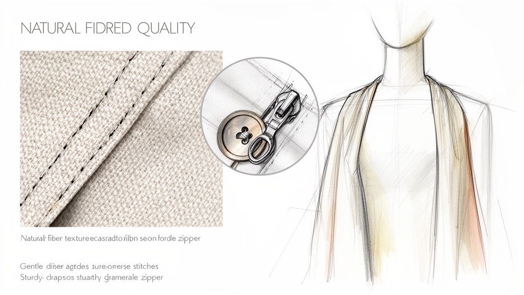 Fashion design sketch showcasing natural fabric texture, detailed stitching, a button, and a zipper.