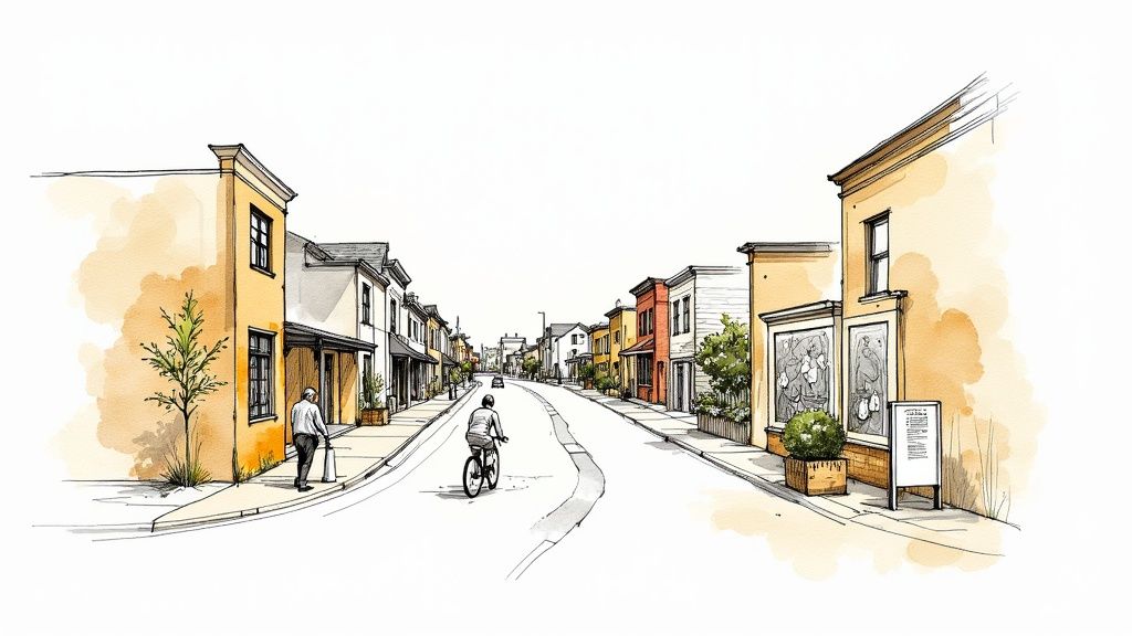 Hand-drawn watercolor illustration of a charming street with buildings, people, and a bicycle.