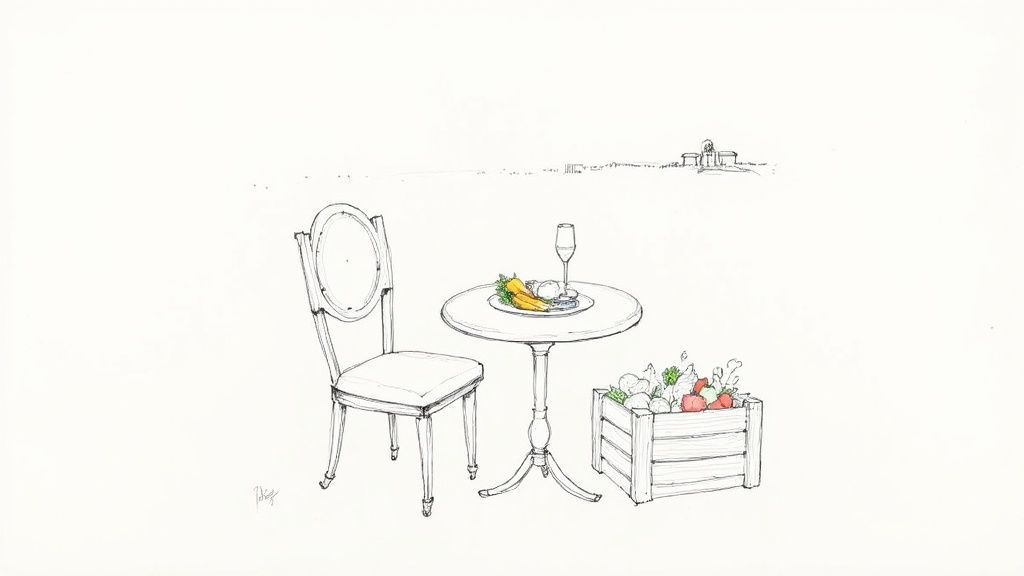 Elegant outdoor bistro table with wine glass and fresh produce in rustic Italian countryside setting