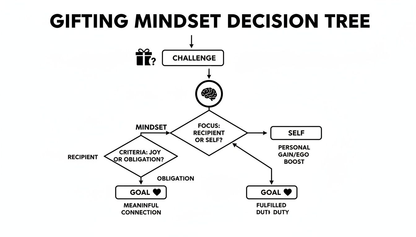 A gifting mindset decision tree diagram showing choices between recipient joy and personal gain.