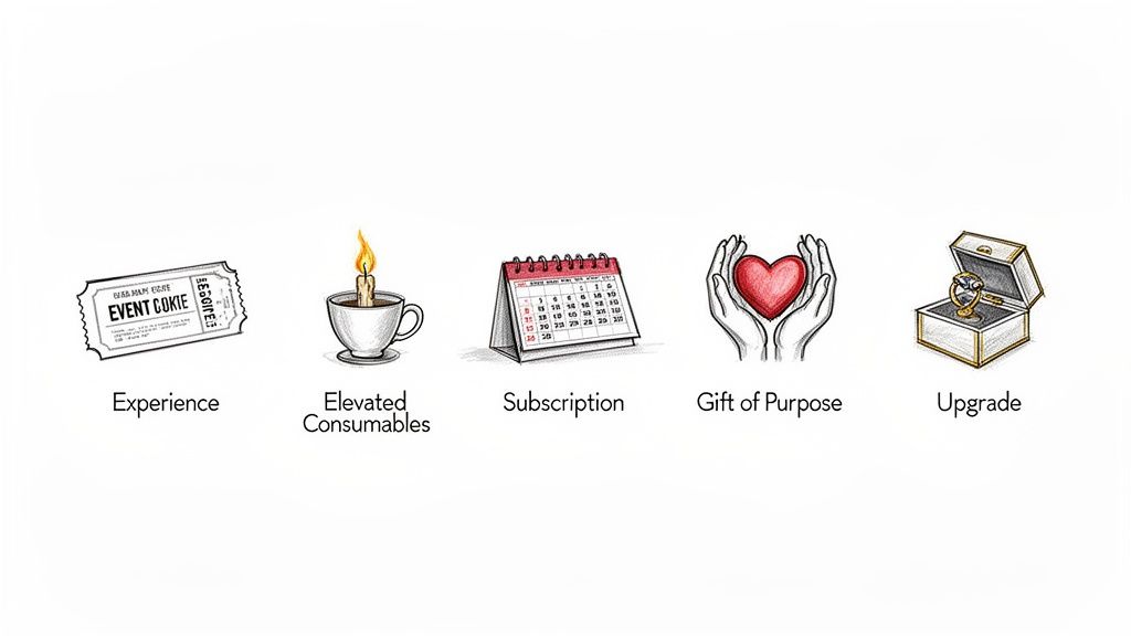 Illustrations depicting five unique gift ideas: experience, elevated consumables, subscription, gift of purpose, and upgrade.