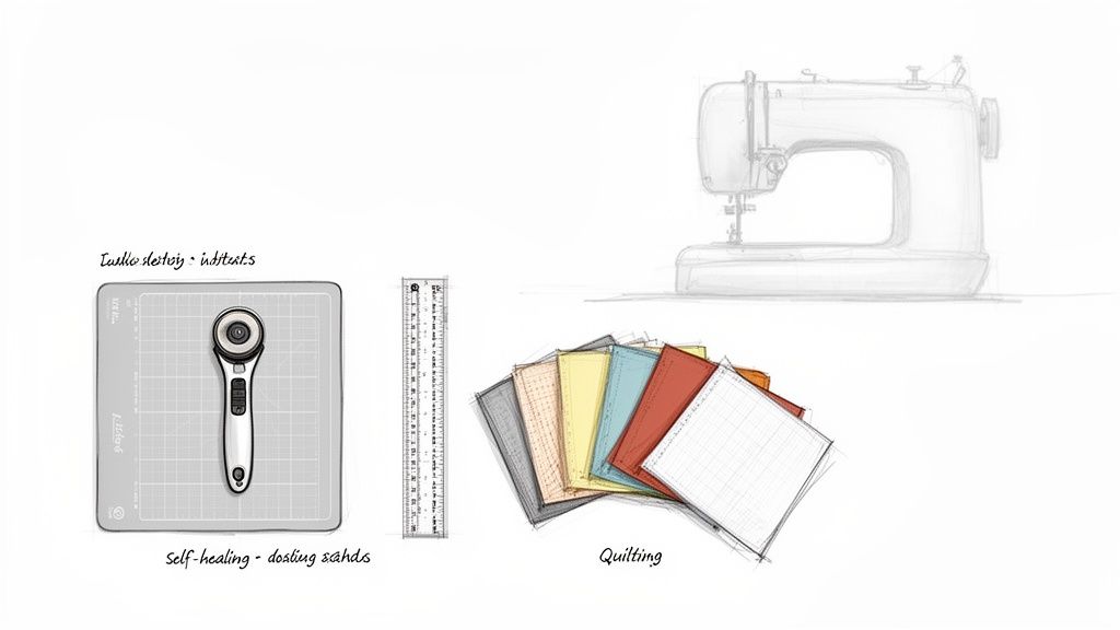 Hand-drawn illustration of quilting supplies: rotary cutter, cutting mat, ruler, fabric swatches, and a sewing machine.
