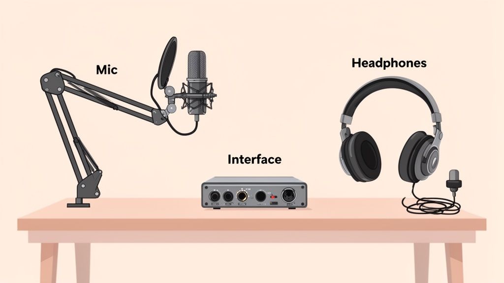 A professional podcast recording setup featuring a microphone, boom arm, audio interface, and headphones.