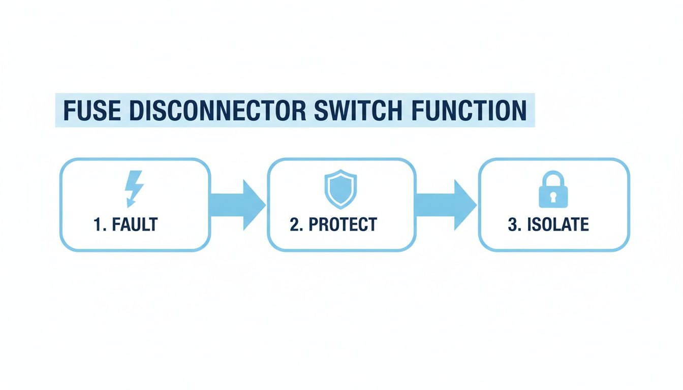 Flowchart illustrating the three main functions of a fuse disconnector switch: fault, protect, and isolate.