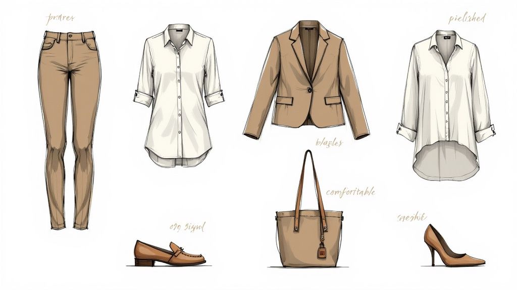 A woman wearing a modern business casual outfit with a blazer, top, and trousers.