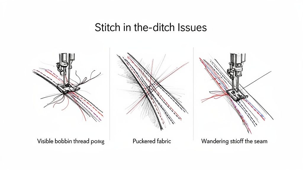 Illustrations showing common stitch-in-the-ditch sewing issues: visible bobbin thread, puckered fabric, and wandering stitches.